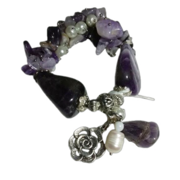 Amethyst and Wood Freshwater Pearl Bracelets - Picture 2 of 5